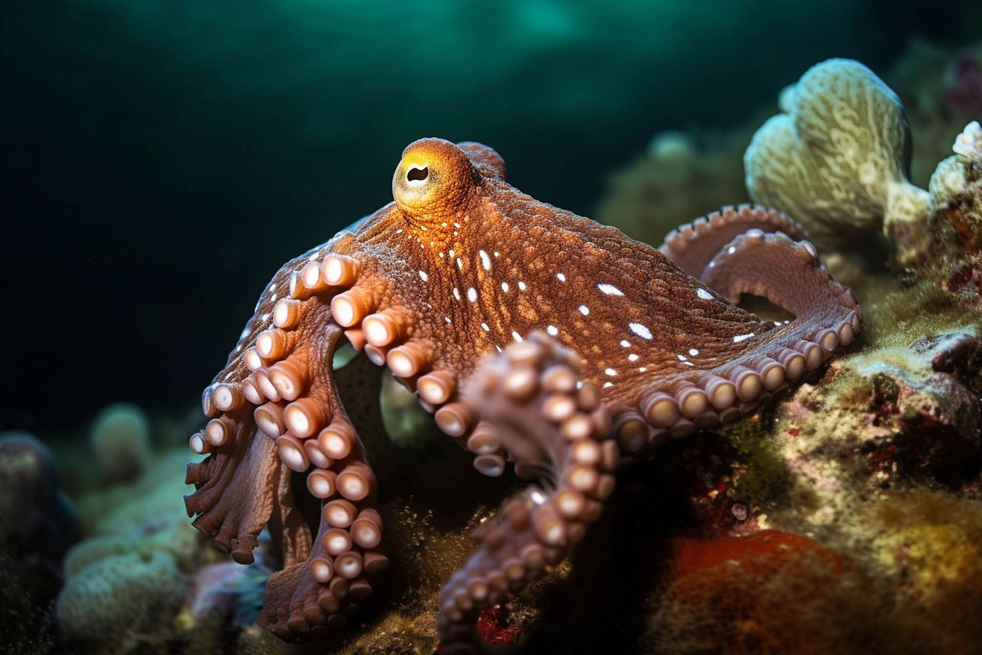 Octopus with textured orange skin exploring the ocean floor