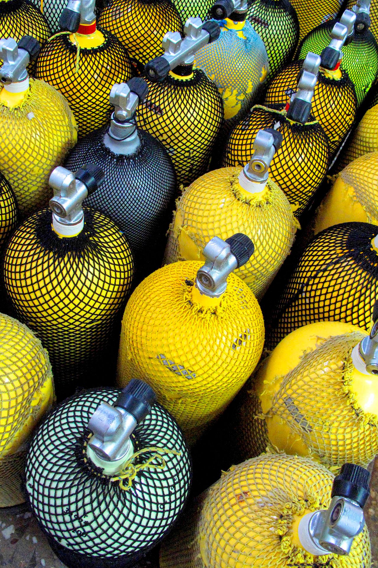 Colourful scuba diving tanks ready for use